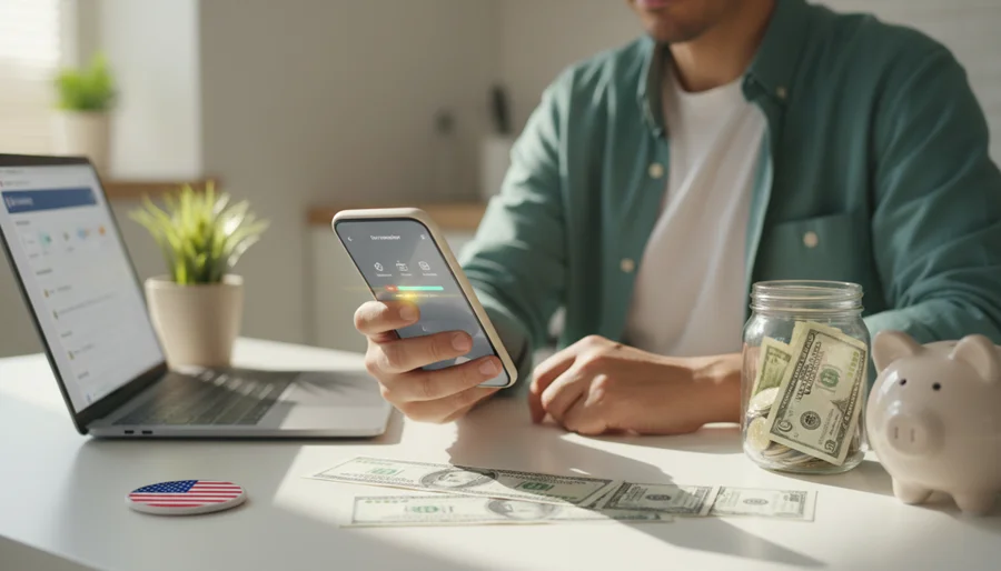 persona transfiriendo dinero a una cuenta de ahorro de alto rendimiento para crear un fondo de emergencia en Estados Unidos